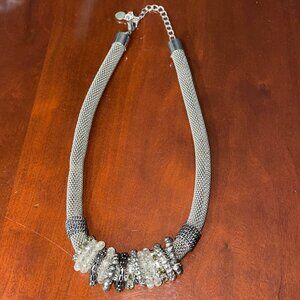 Mesh Rope Silver Tone Metal Beaded Necklace W/Crystals 18"+ Chunky